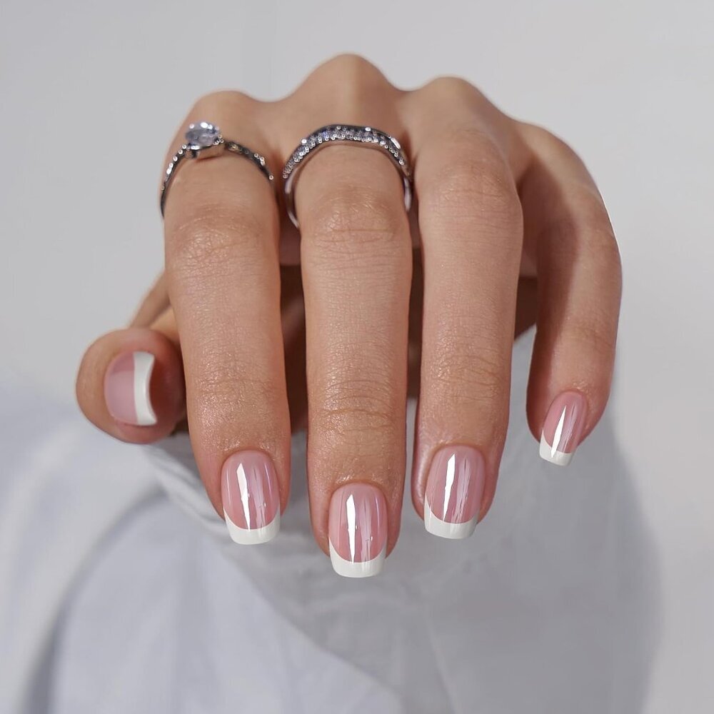 Press on Nails Short - White French Tip Press On Nails Square, Chrome Glazed Glu